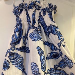 Girl’s Lilly Pulitzer White Smocked Blue & Aqua Seashell Dress